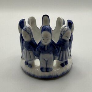 Vintage Hand Painted Delftware 'Children Holding Hands in Circle' Candle Holder